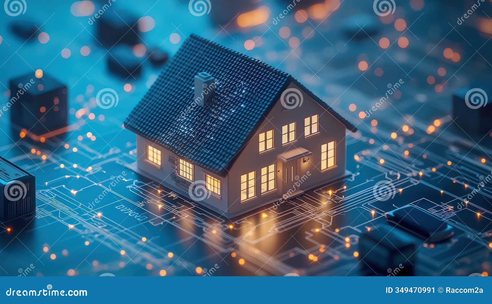 house model set on digital circuit board showing innovation and connectivity