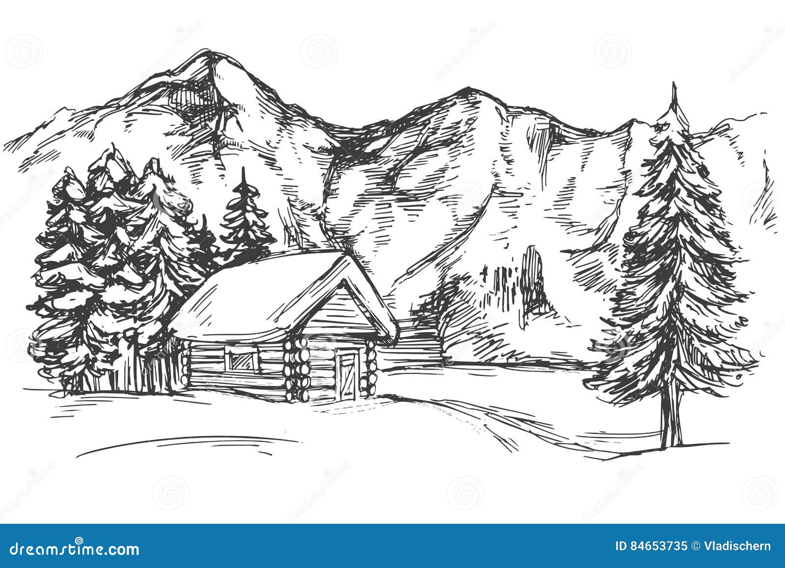 House in Mountain the Snow Landscape Hand Drawn Vector Illustration ...