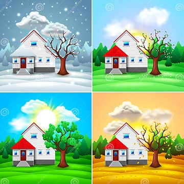 House and Nature Four Seasons Vector Stock Vector - Illustration of ...