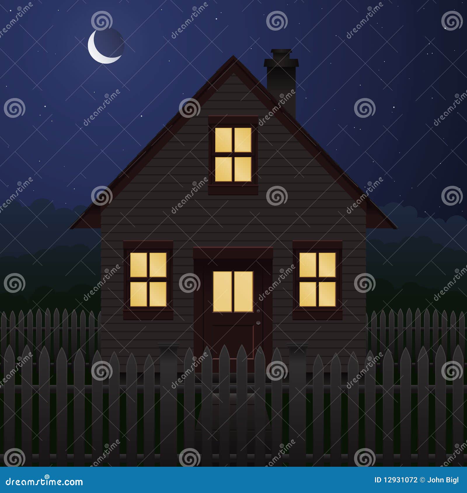 House at night stock vector. Illustration of quaint, fence 12931072