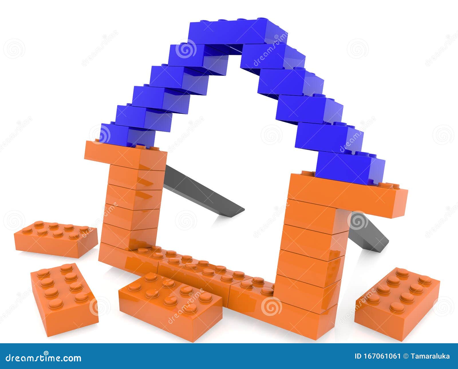 the house outline of toy bricks is supported by pushers