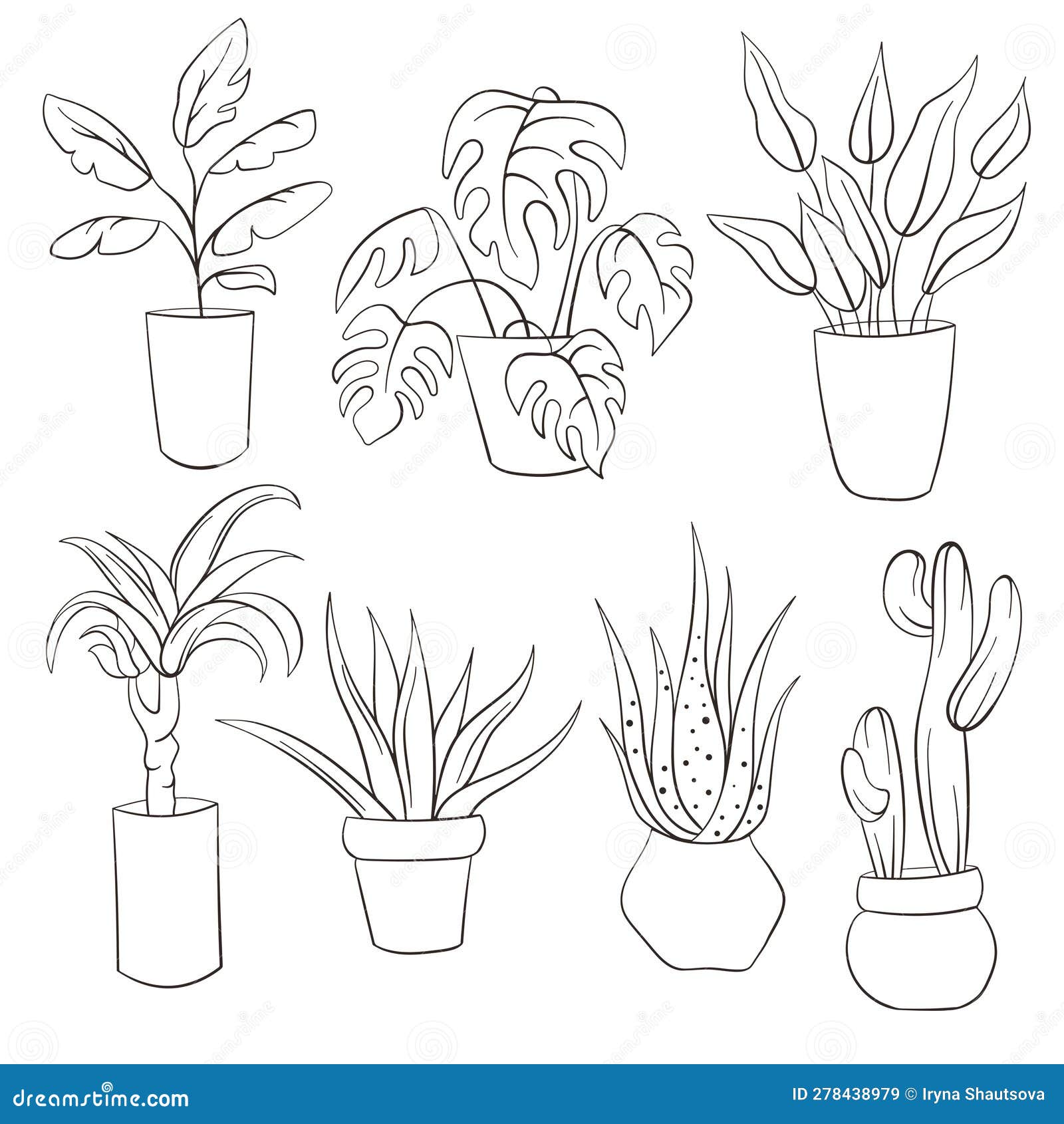 house plants line art style in pots, office flowers. outline icon set of monstera, cactus, banana tree, succulent