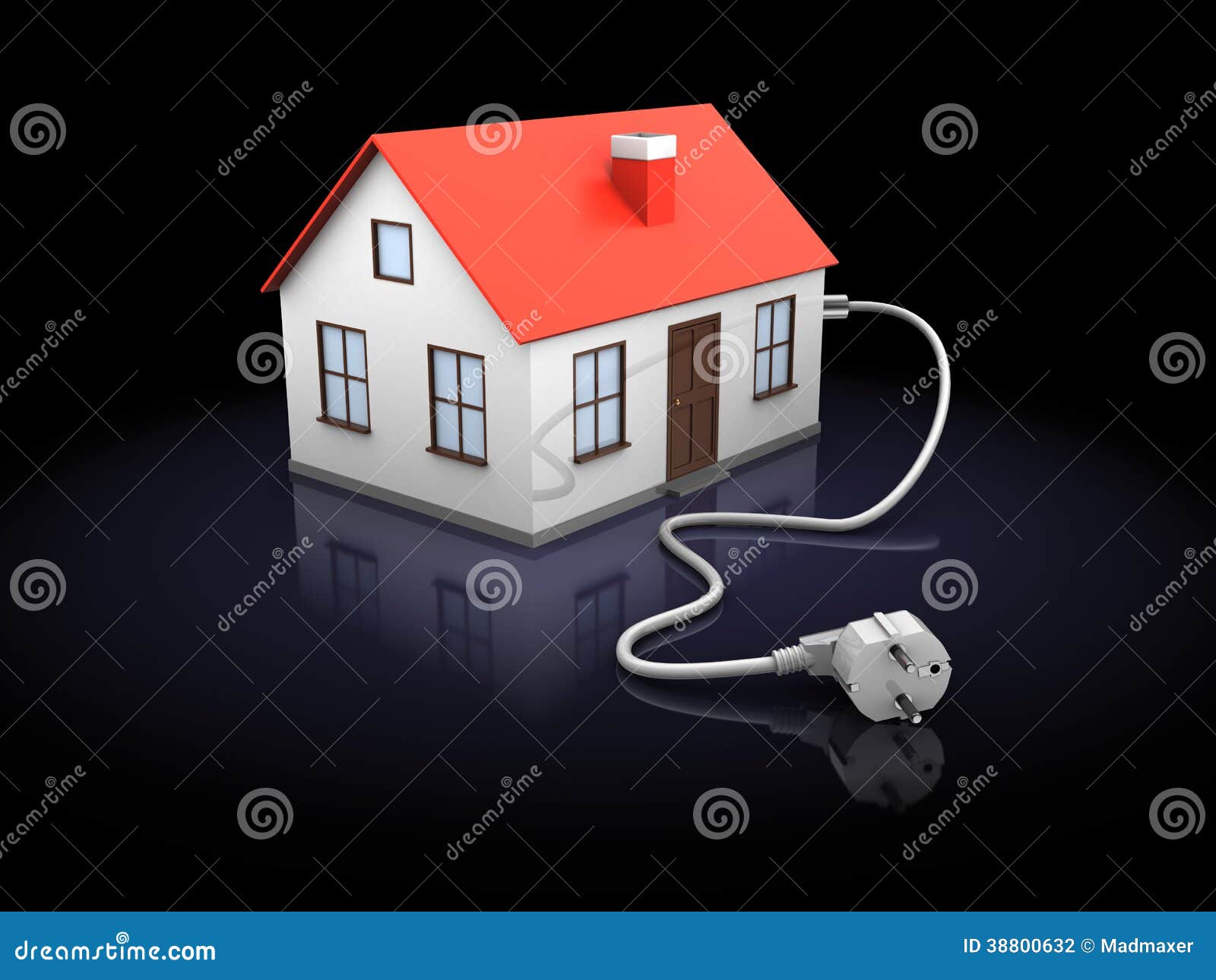 3d illustration of house with power cord, over black background