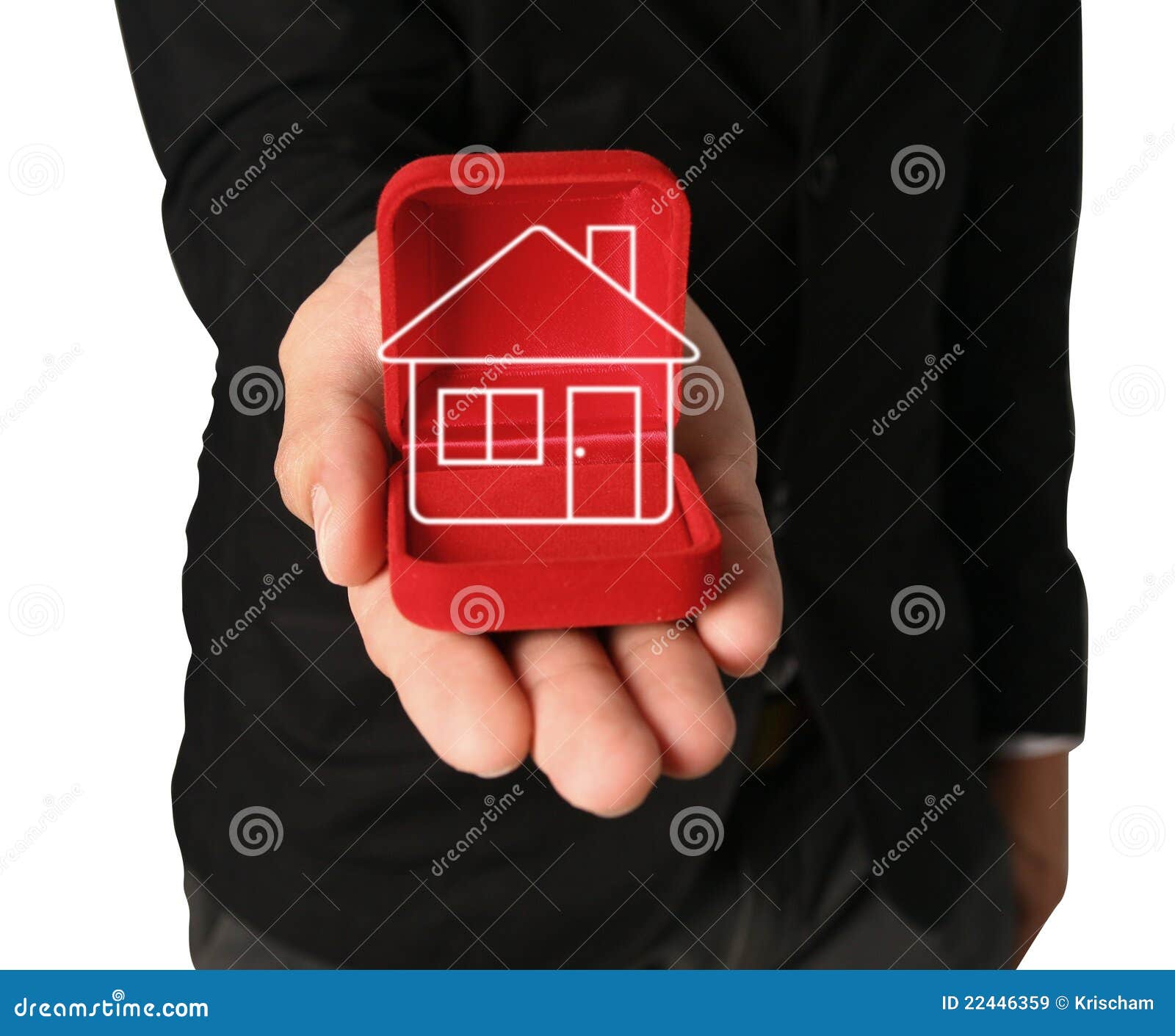 Hand of the businessman with house on red velvet boxes.