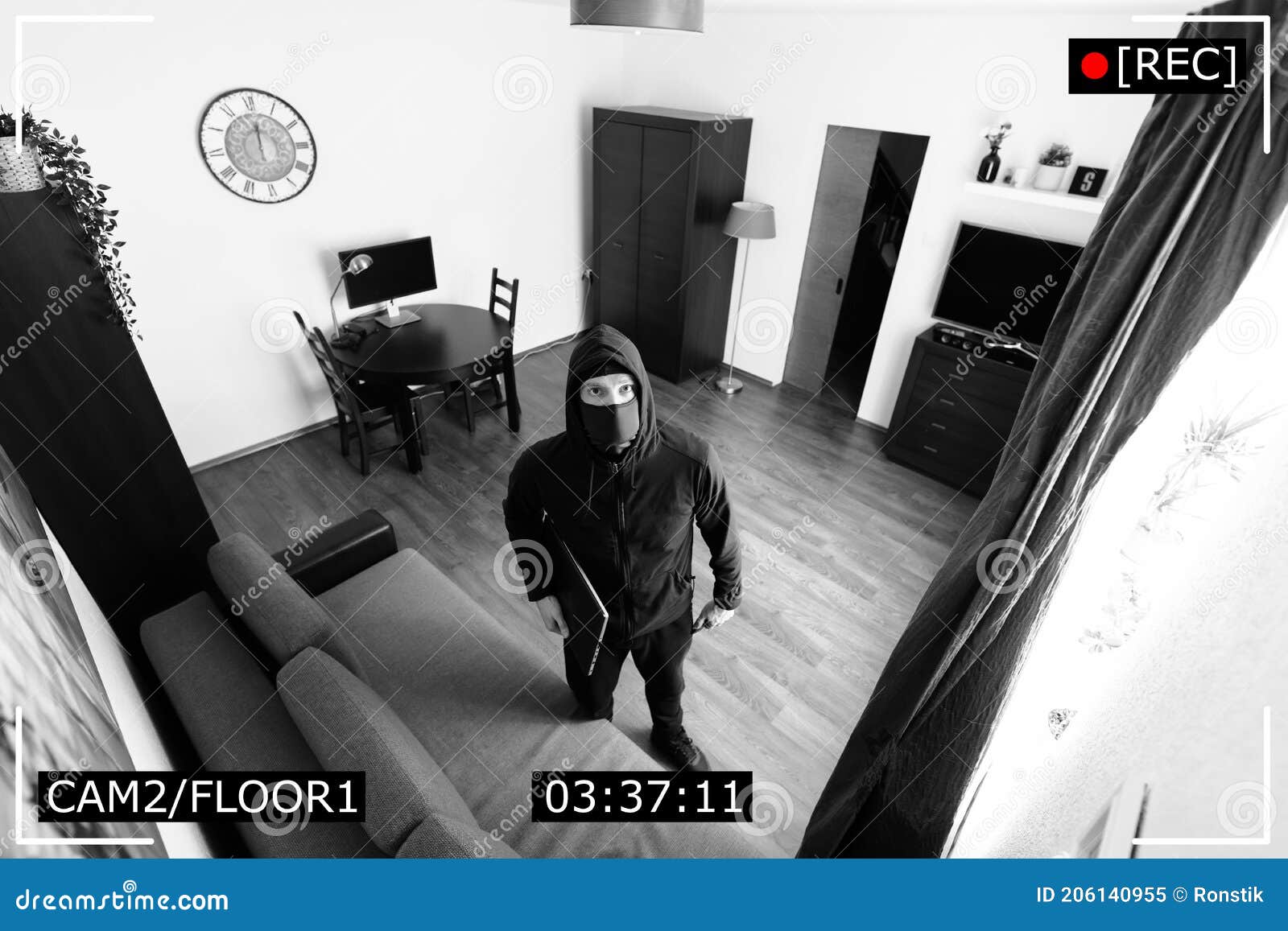 House Robbery Burglar Captured On Surveillance Security Camera In Room Stock Image Image Of