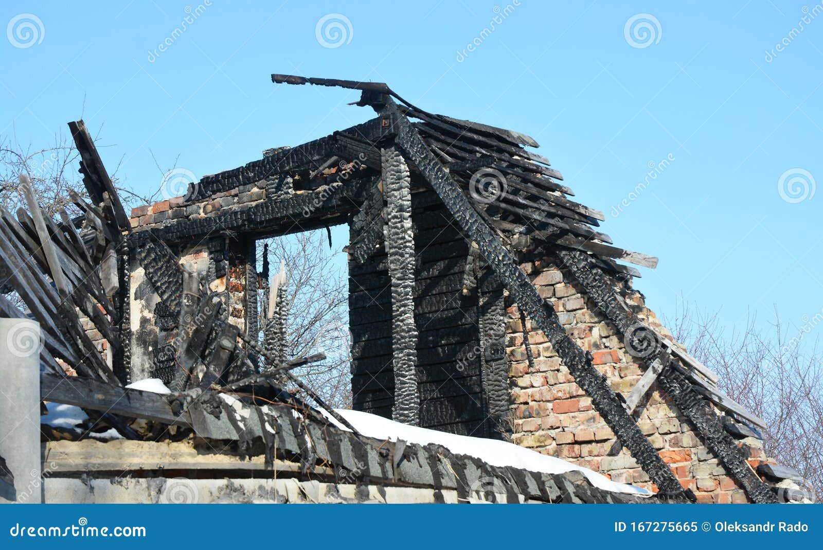 House Rooftop Fire Damage. House Roof Burns Down Stock Image Image of