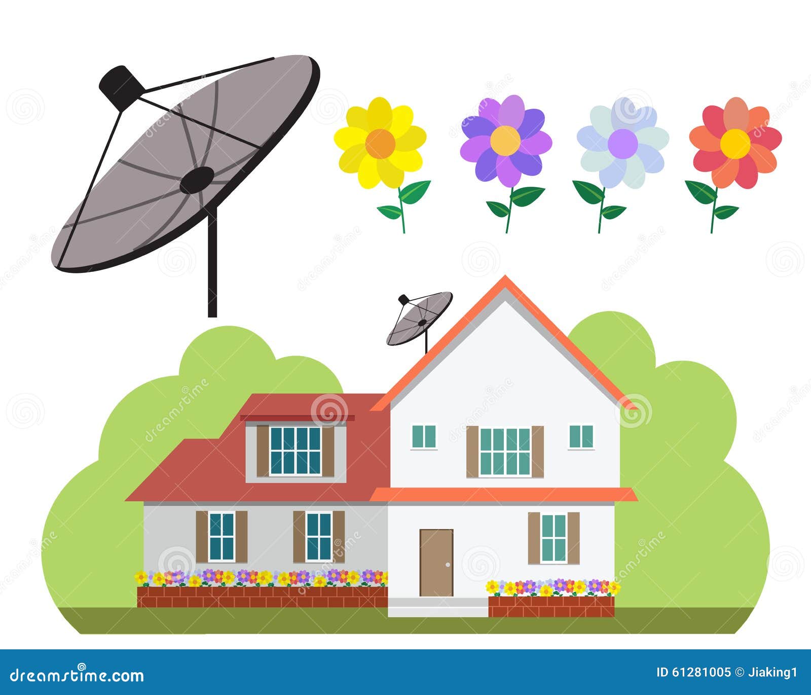 House with Satellite Dish and Flower Garden in Flat Style Stock Vector