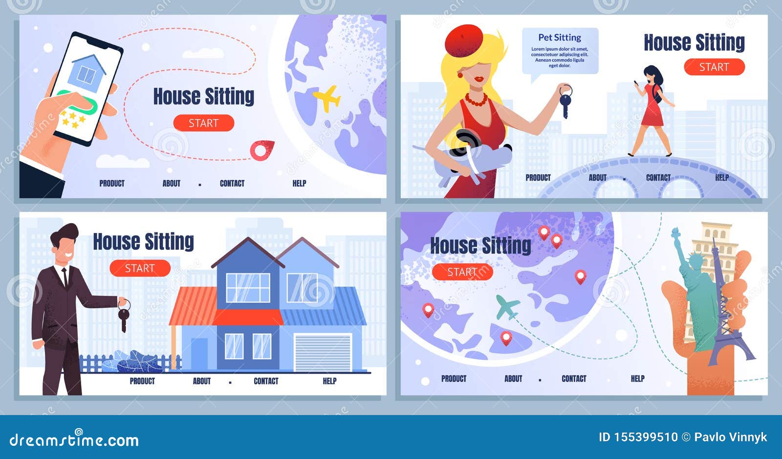 house sitting service cartoon landing page set