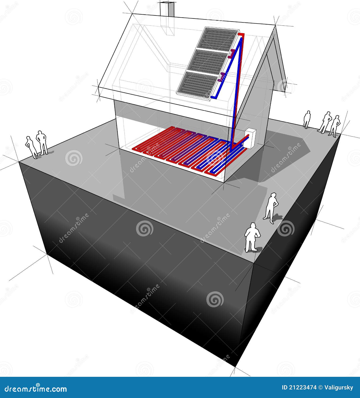 House with Solar Panels Diagram Stock Vector - Illustration of pipe