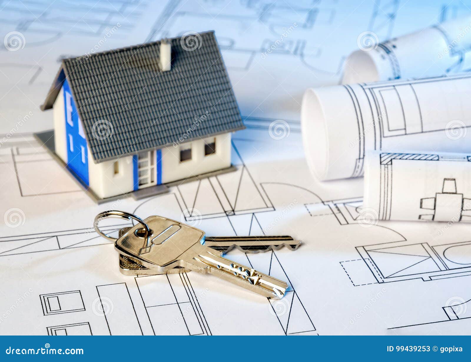 Construction Plans With House And Key Stock Image - Image of building