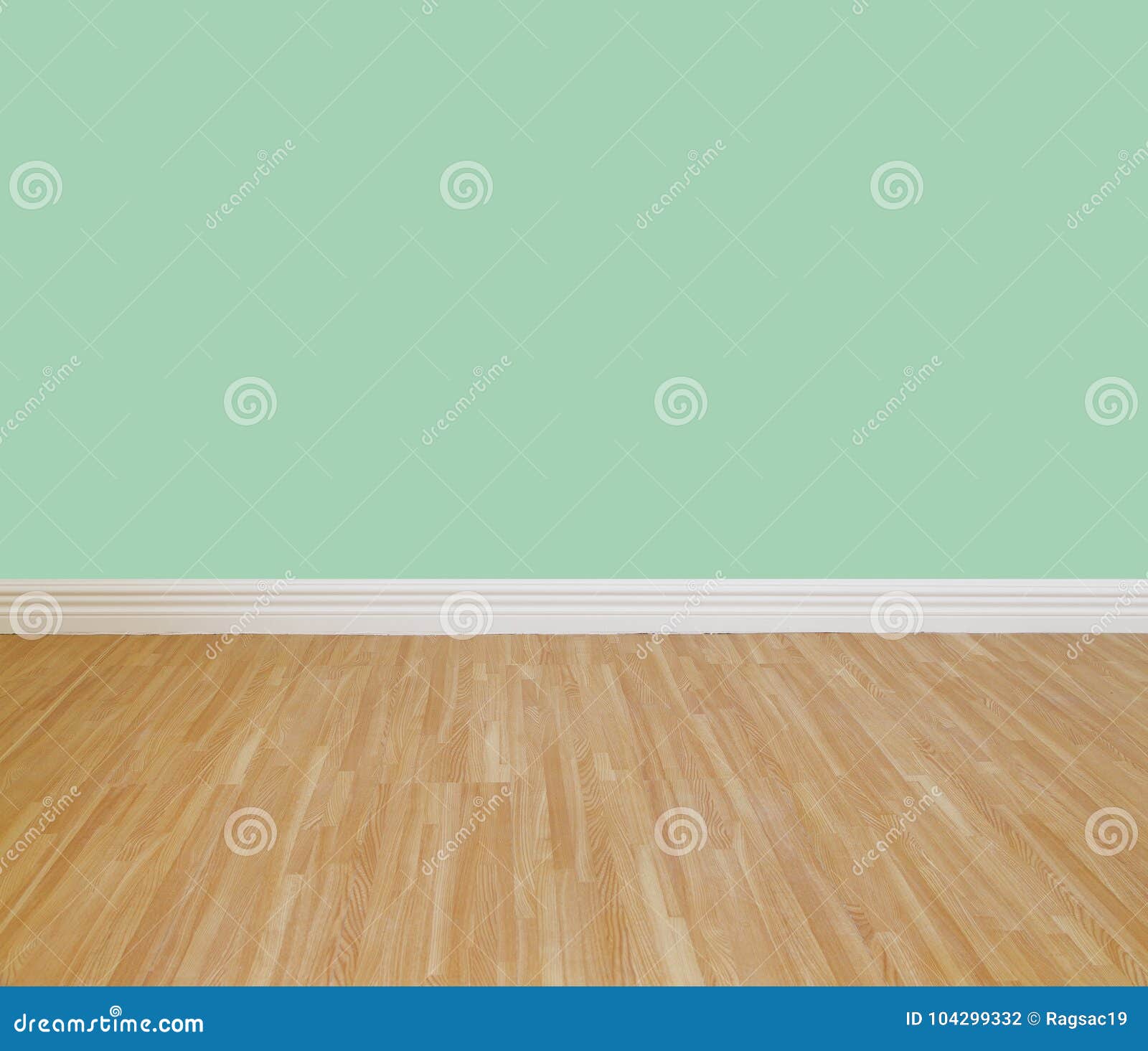 House Wall Painted With Cyan Shade With Wood Design Flooring Stock