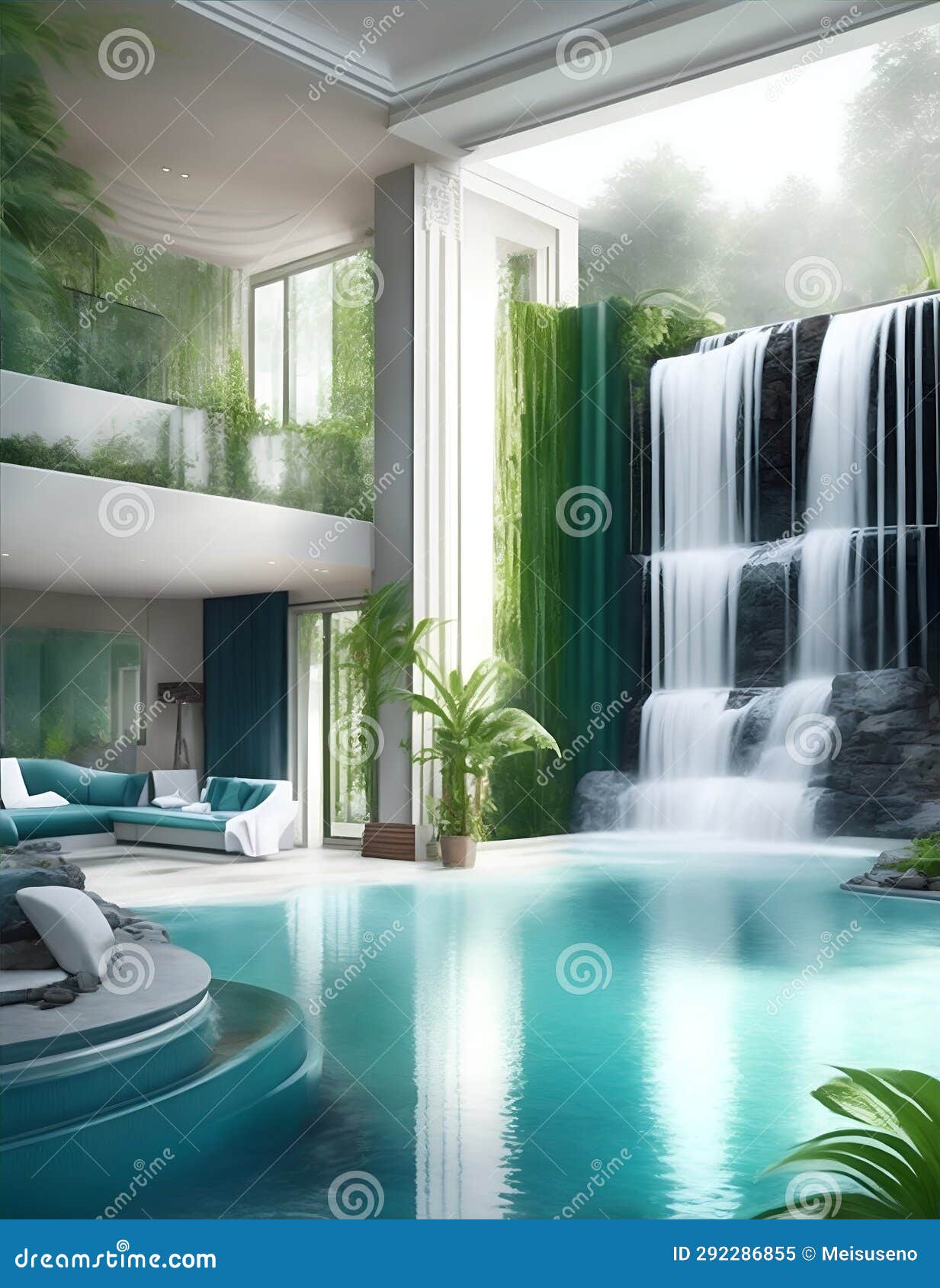 House with Waterfall and Swimming Pool Inside Illustration Stock Illustration Illustration of