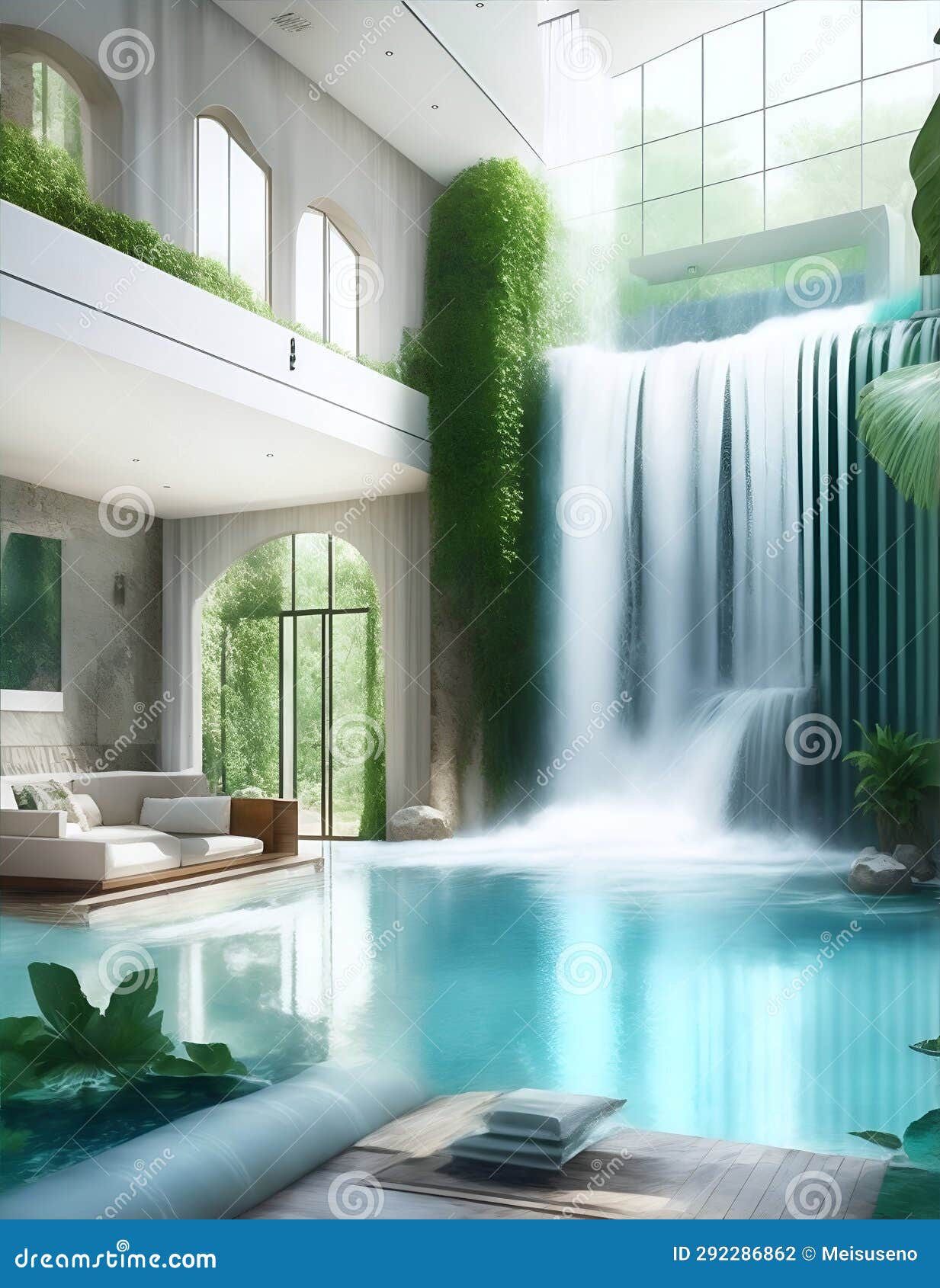House with Waterfall and Swimming Pool Inside Illustration Stock Illustration Illustration of