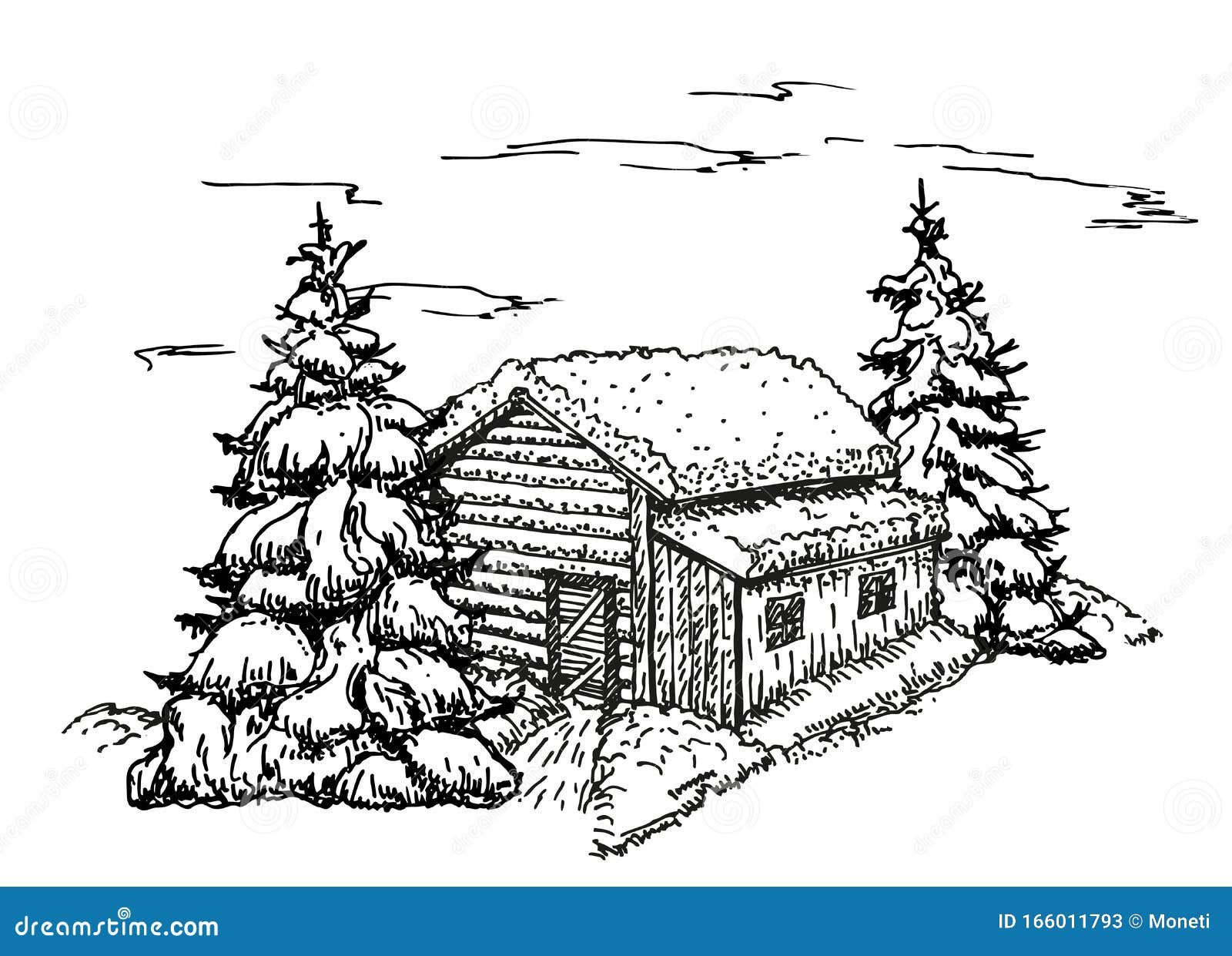 House in the Winter Forest Sketch. Christmas Background, House in the ...