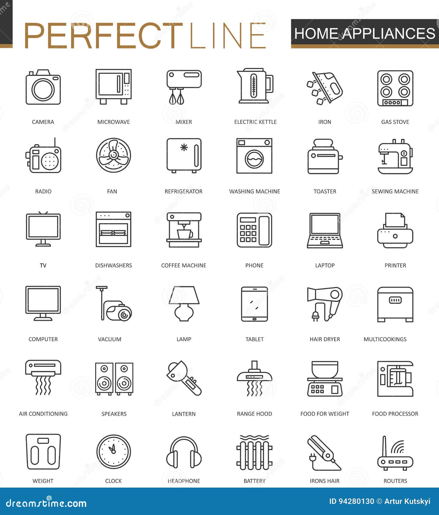 Household Appliances Thin Line Web Icons Set. Outline ...