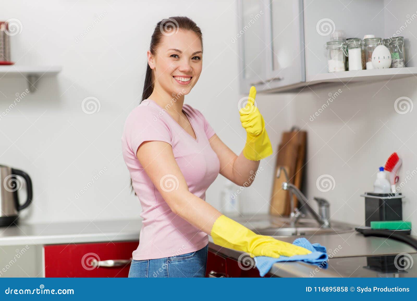 Woman Or Housewife Cleaning Table At Home Kitchen Stock Photo Imag