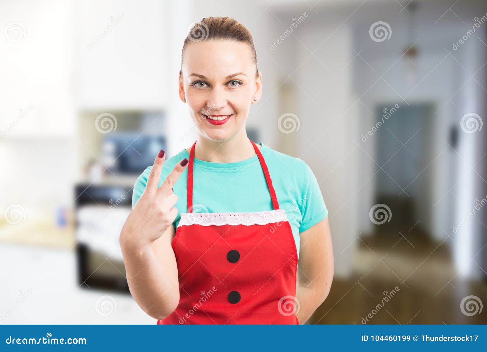 Housekeeper Or Maid Showing Number Two With Fingers Stock Image Image Of House Apron 104460199