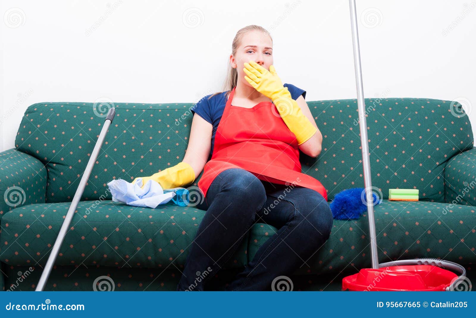 Housekeeper Taking a Break from Cleaning the Room Stock Image Image