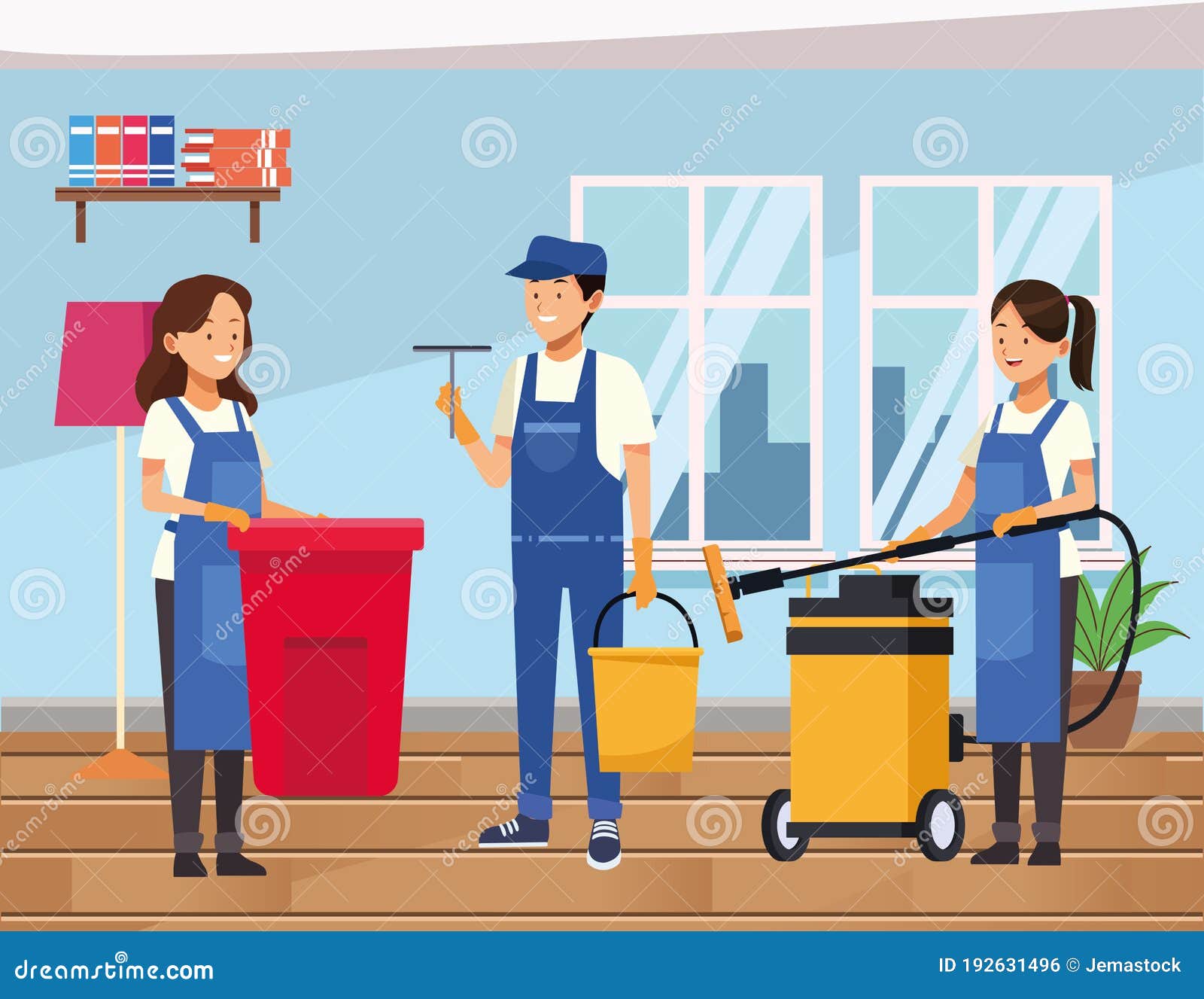 Housekeeping Team Workers Cleaning House with Equipment Tools Stock