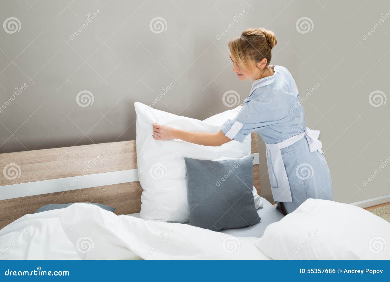 Housekeeping Worker Putting White Pillows Stock Photo Image of