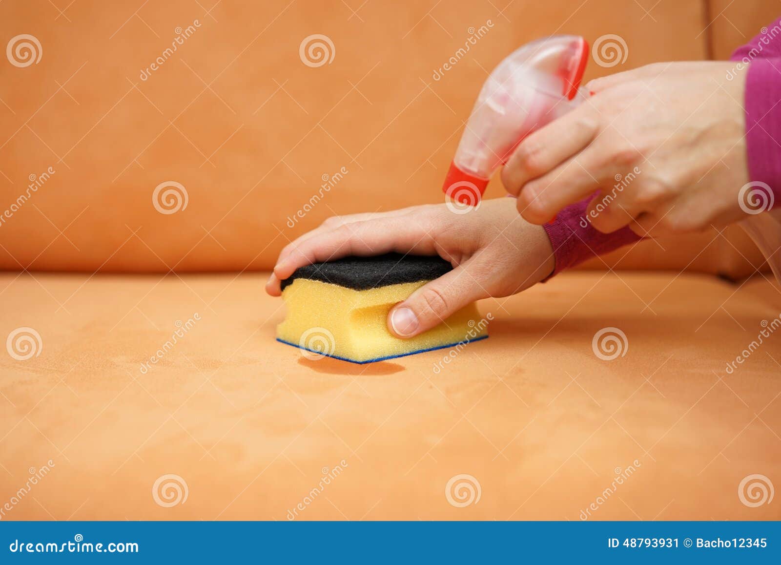 Housemaid is Cleaning Stain on Sofa with Spray Bottle and Sponge Stock