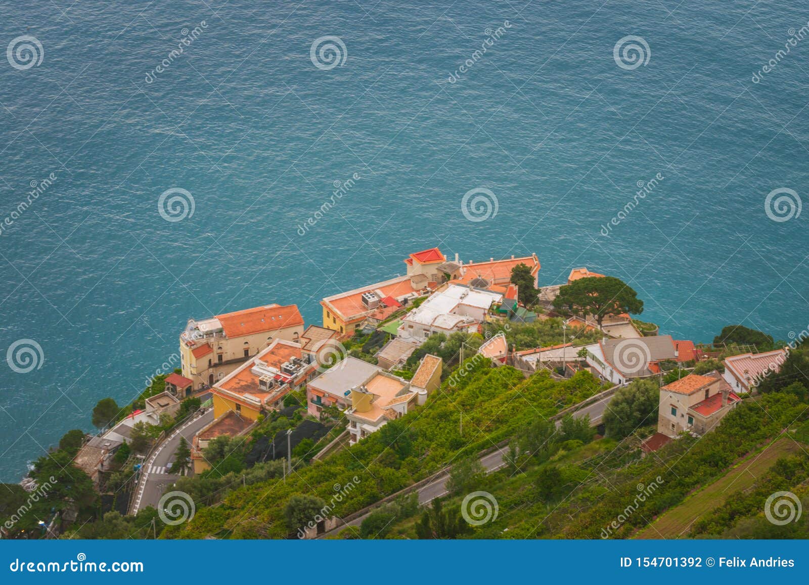 houses beneath the terrace of infinity or terrazza dell`infinito, villa cimbrone, ravello  village, amalfi coast of italy