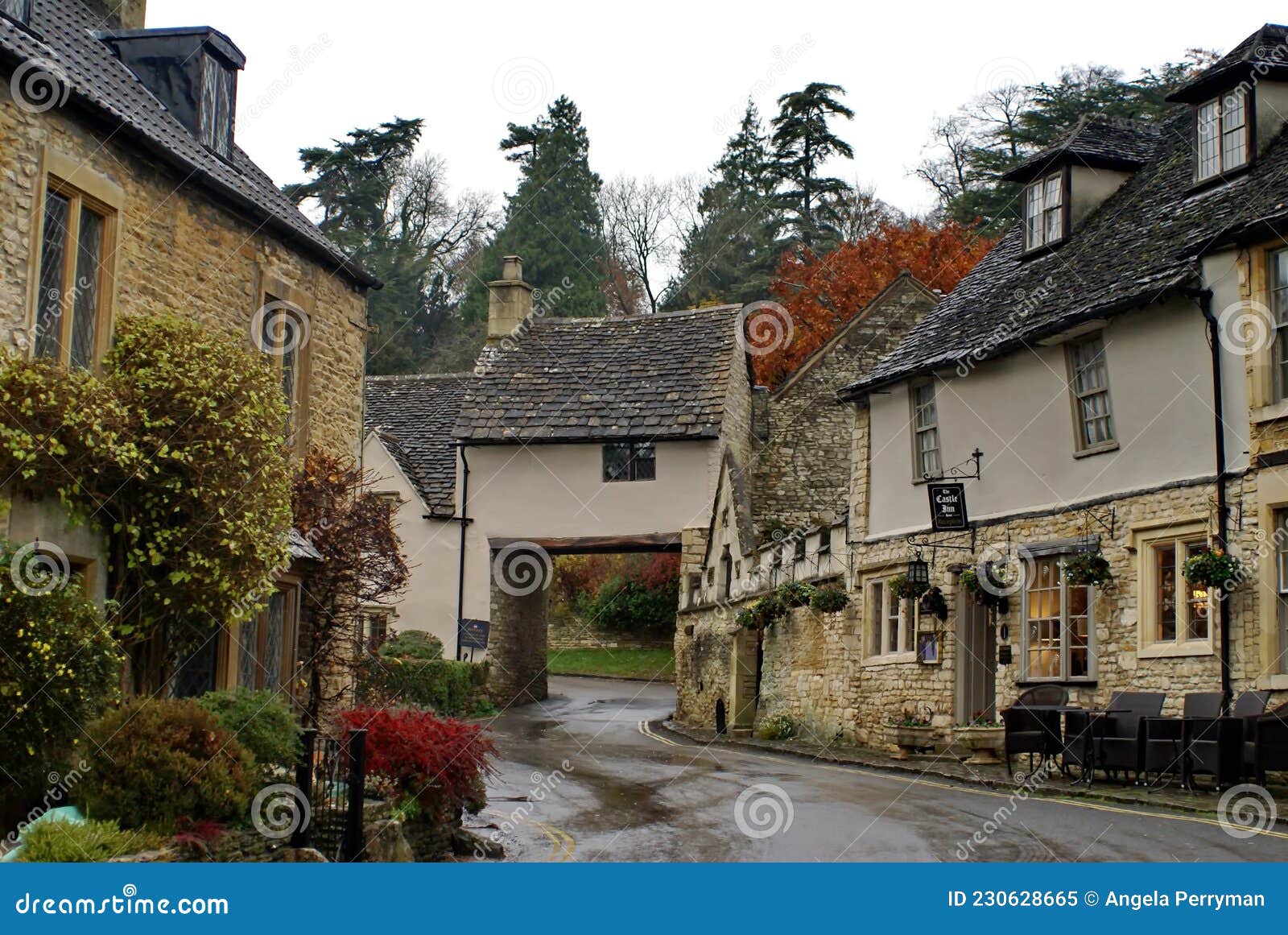Houses in Castle Coombe stock image. Image of plant 230628665