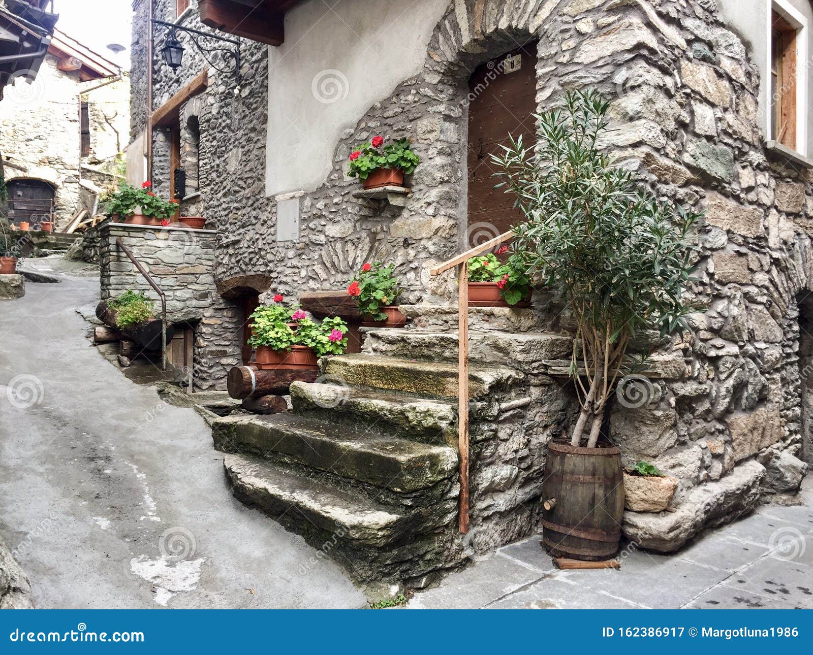 houses and flowers in exilles, piedmont, val di susa, italy