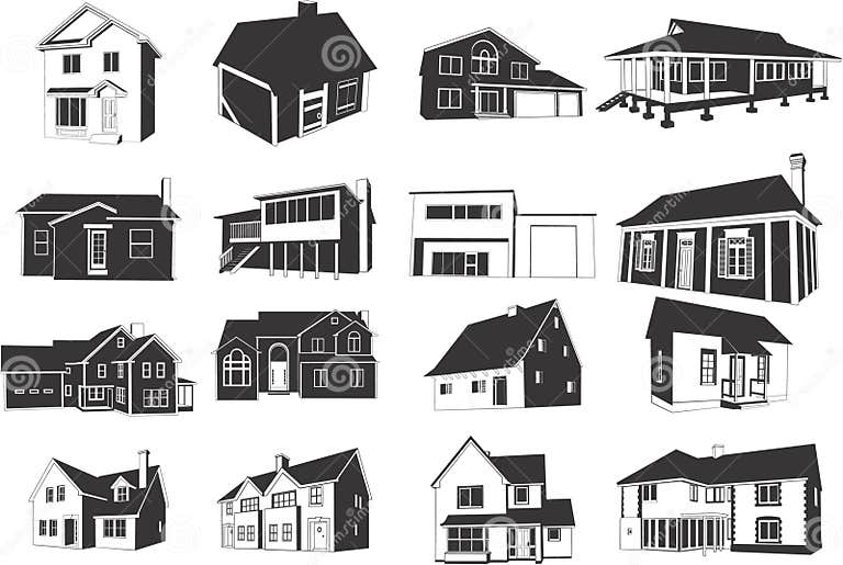 Set of Houses in Black and White Stock Vector - Illustration of style ...