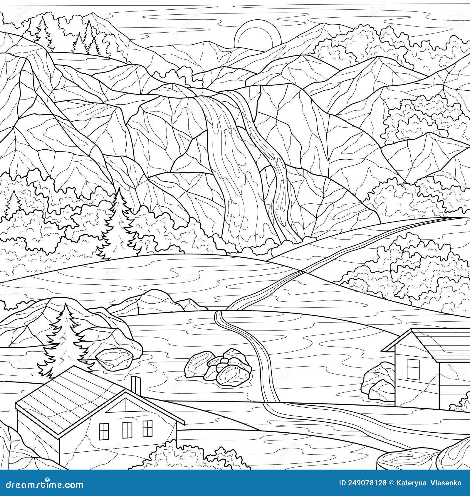 Houses in the Mountains and a Waterfall.Coloring Book Antistress for ...
