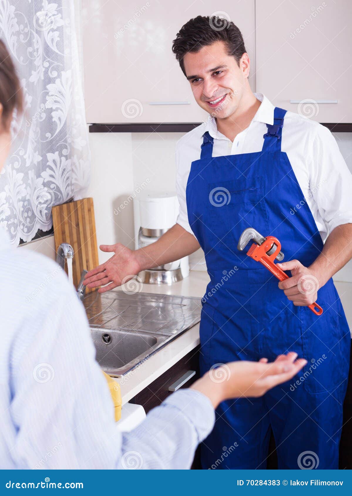 Housewife Called Professional Plumber with Tools To Change Bib image pic image