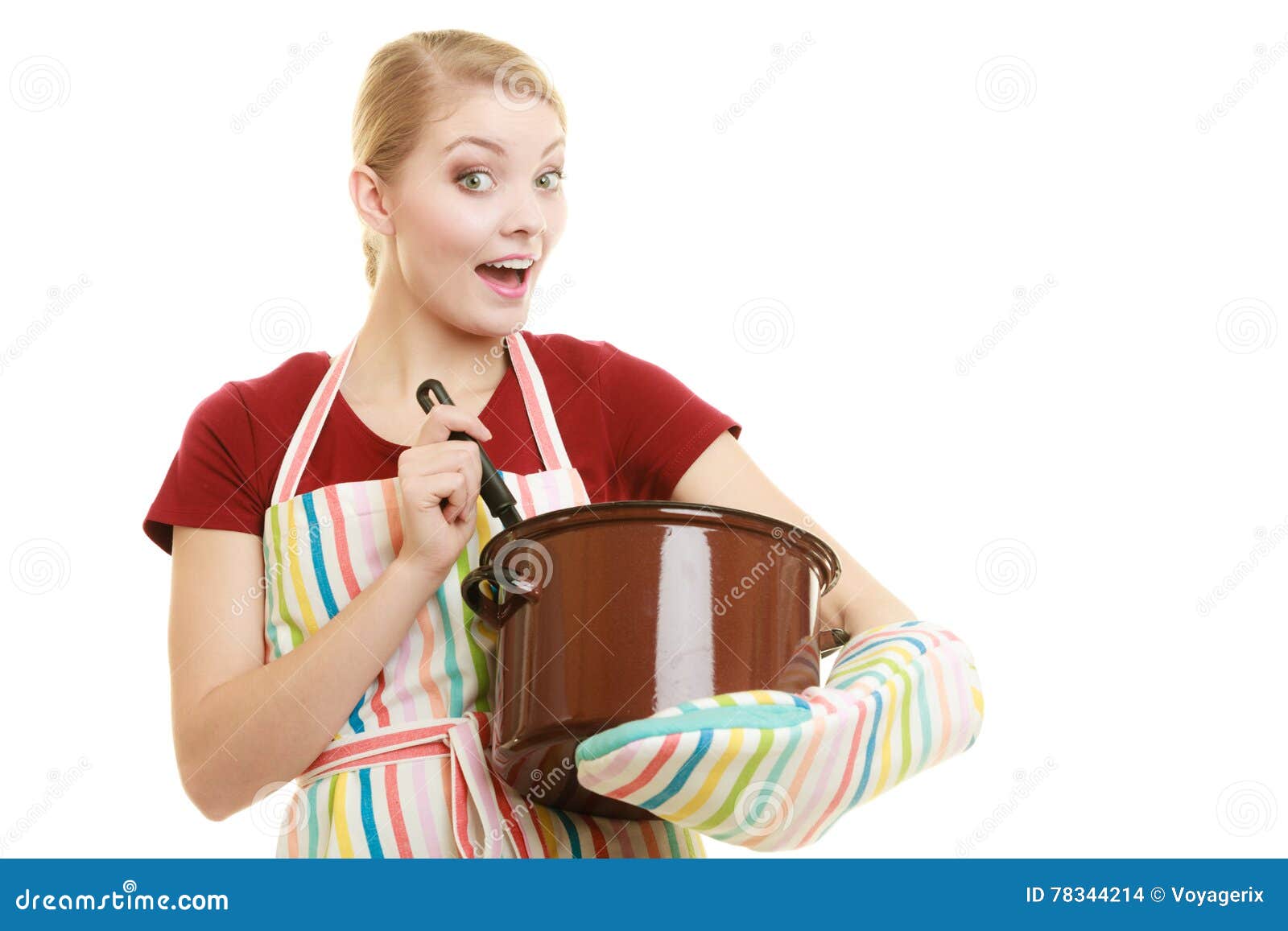 housewife or chef kitchen apron with pot of soup and ladle