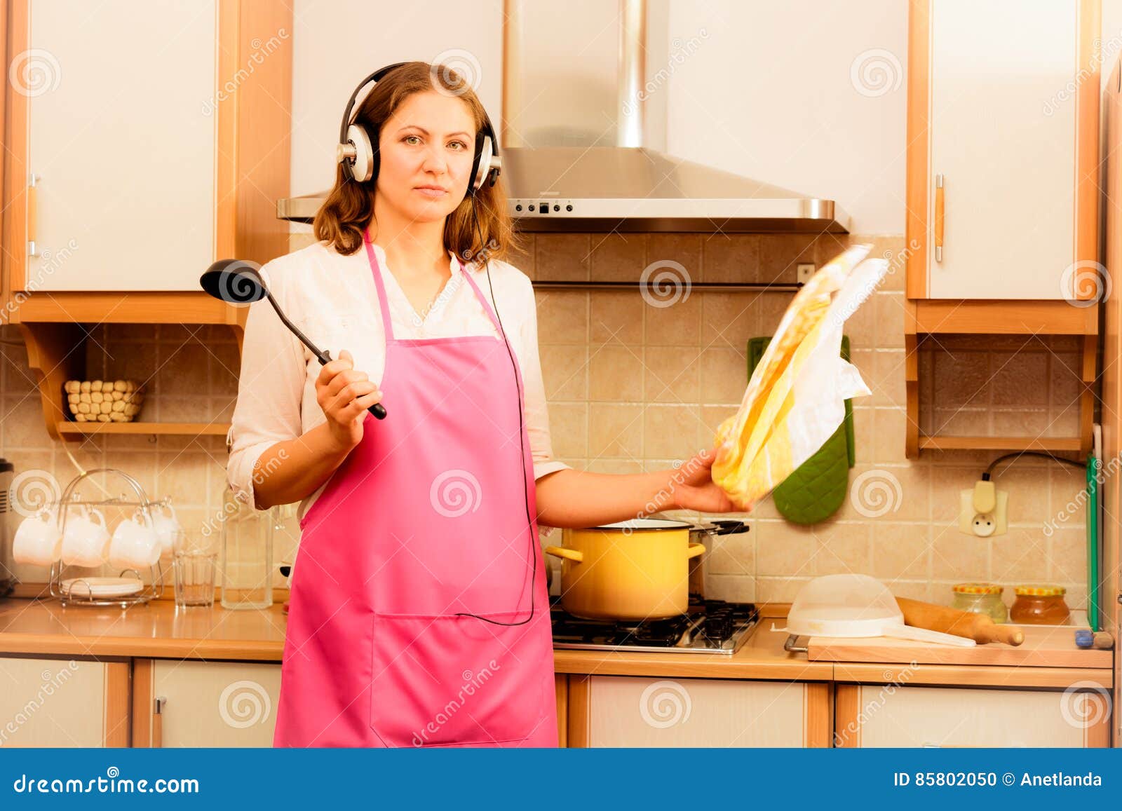 Housewife Cook In Kitchen Stock Photo Image Of Listening 85802050
