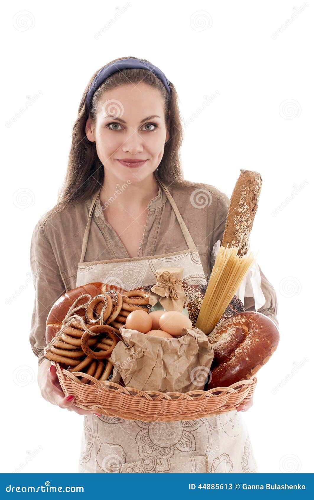 Housewife Holding A Wicker Tray With Bread Products Stock Image Image Of Pasta Beautiful 