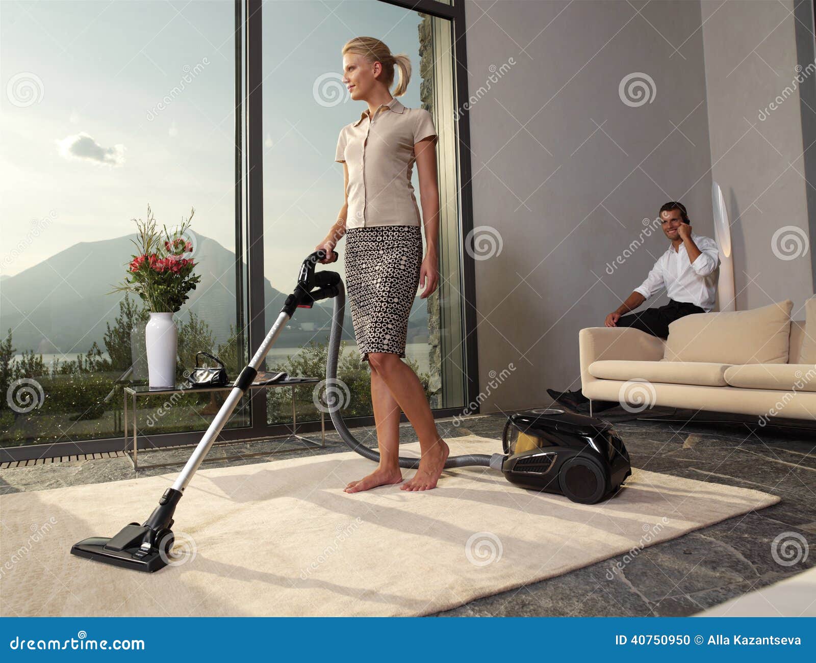 Housewife With Vacuum Cleaner Stock Photo Image Of Maid Flat