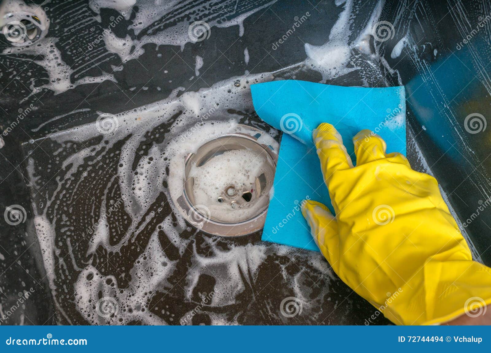 Housework Concept Person Is Cleaning Granite Sink In