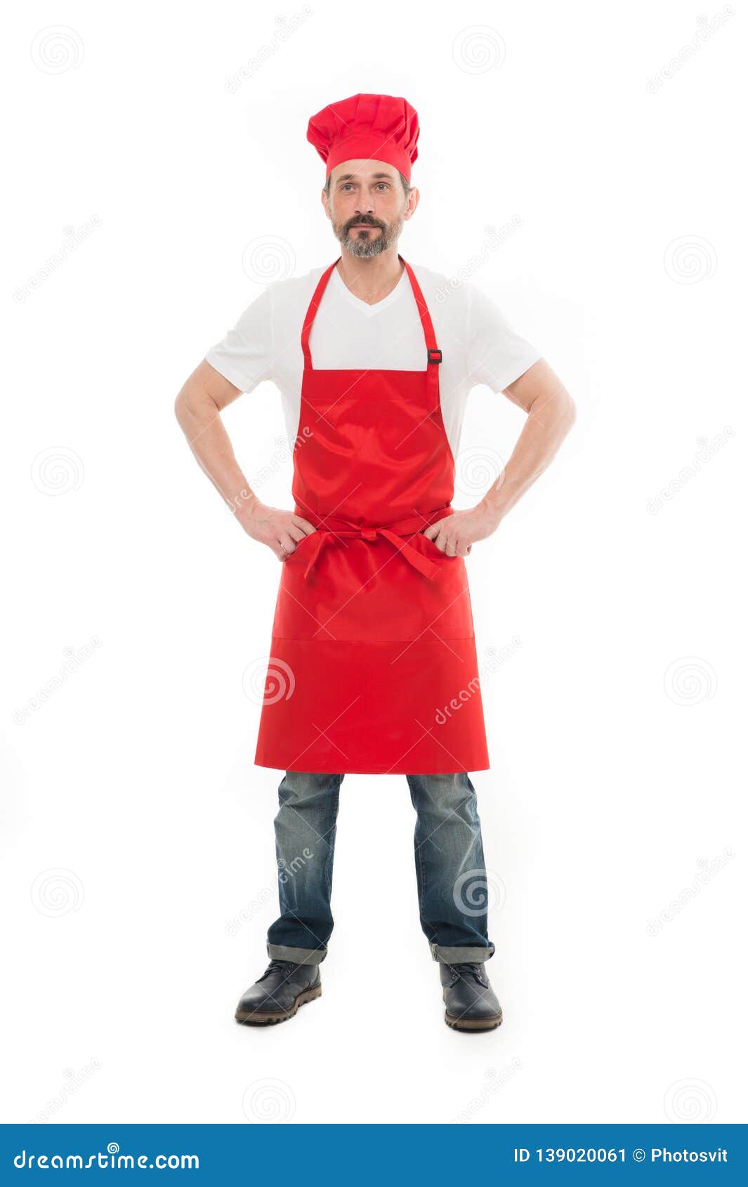 Housework Includes Cooking And Cleaning Bearded Mature Man In Chef Hat And Apron Stock Image 