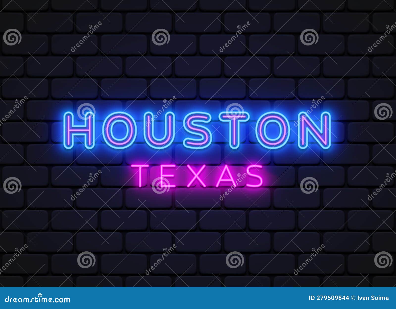 Houston Neon in American Style on Light Background. Light Glowing