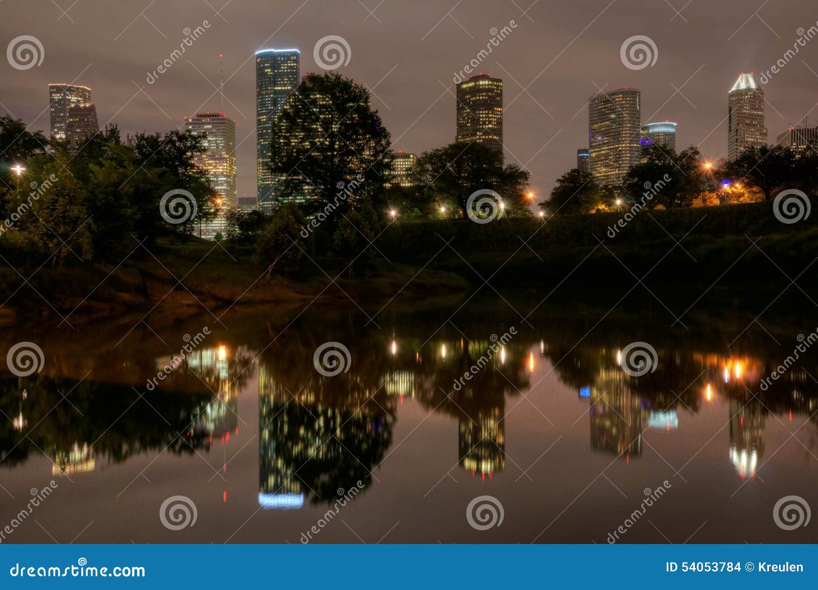 Houston Skyline Reflecting on the Buffalo Bayou at Night Stock Photo