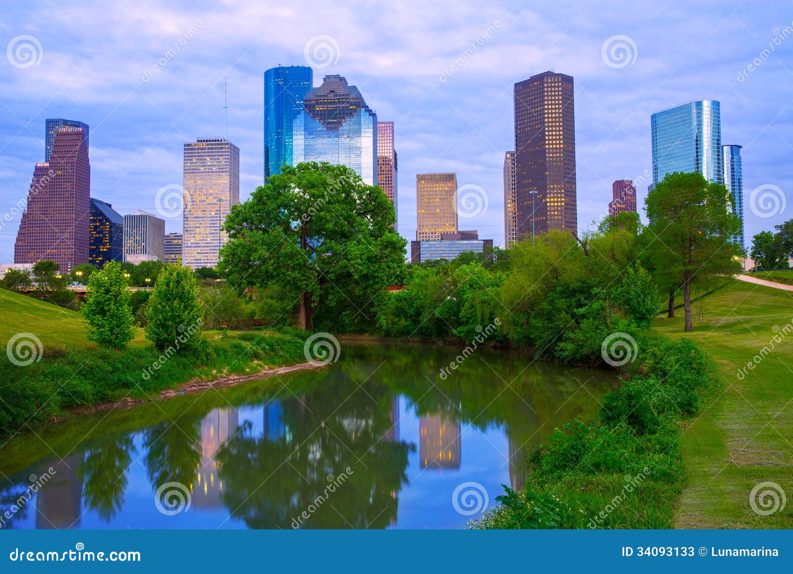 houston texas modern skyline from park river