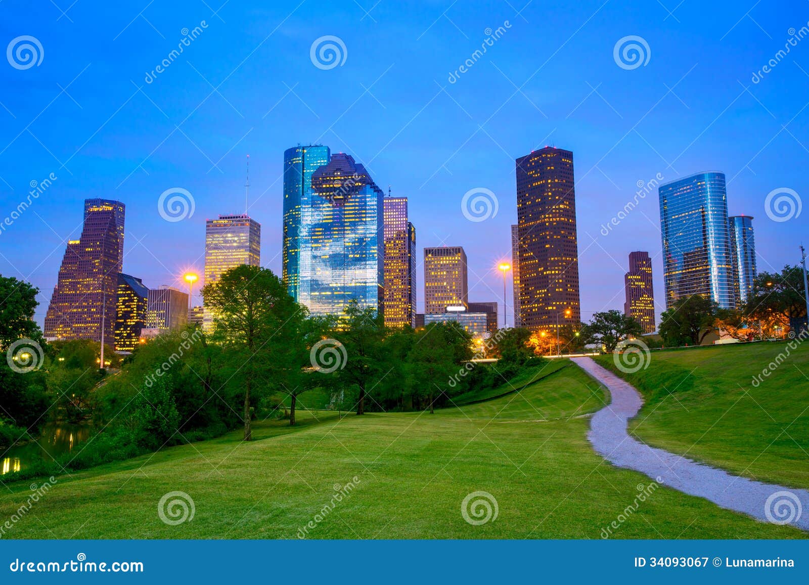 Houston Texas Modern Skyline at Sunset Twilight from Park Stock Image
