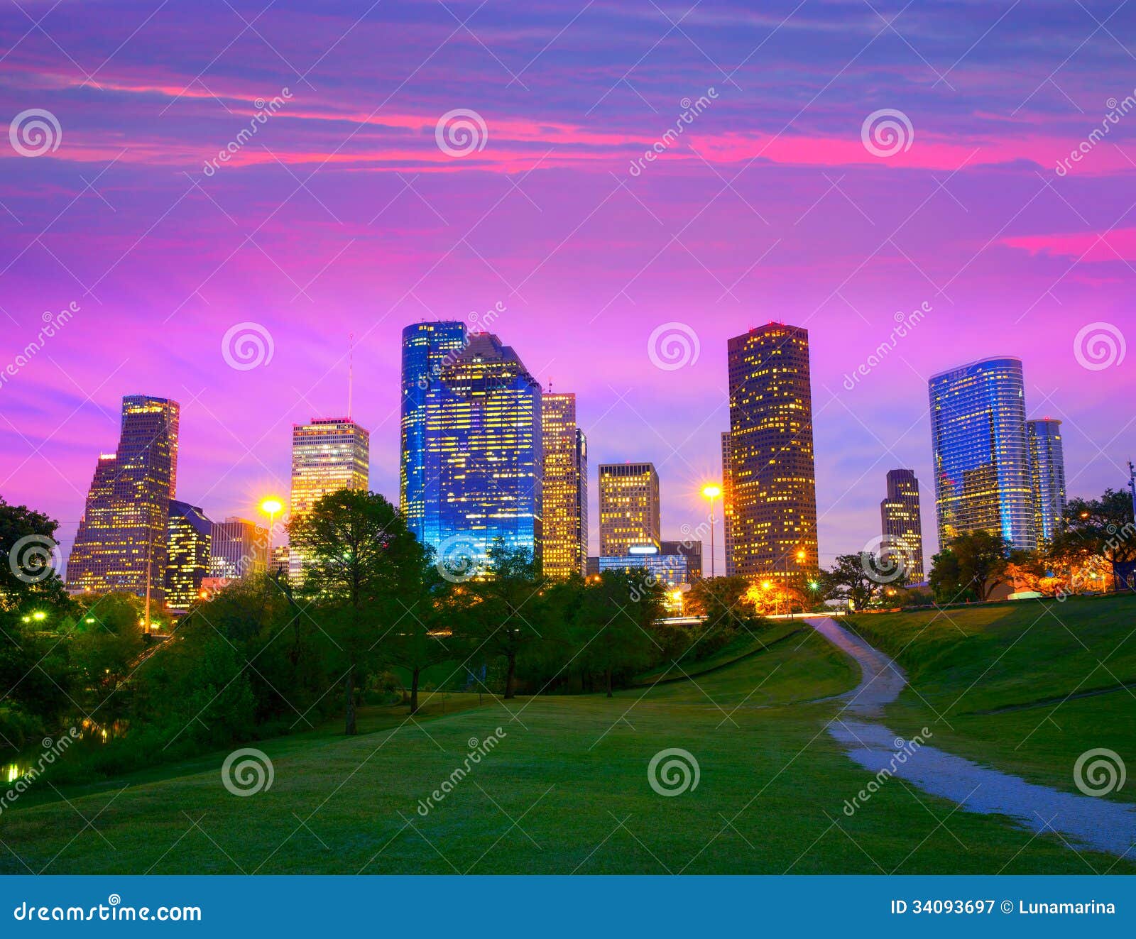 Houston Texas Modern Skyline At Sunset Twilight From Park RoyaltyFree