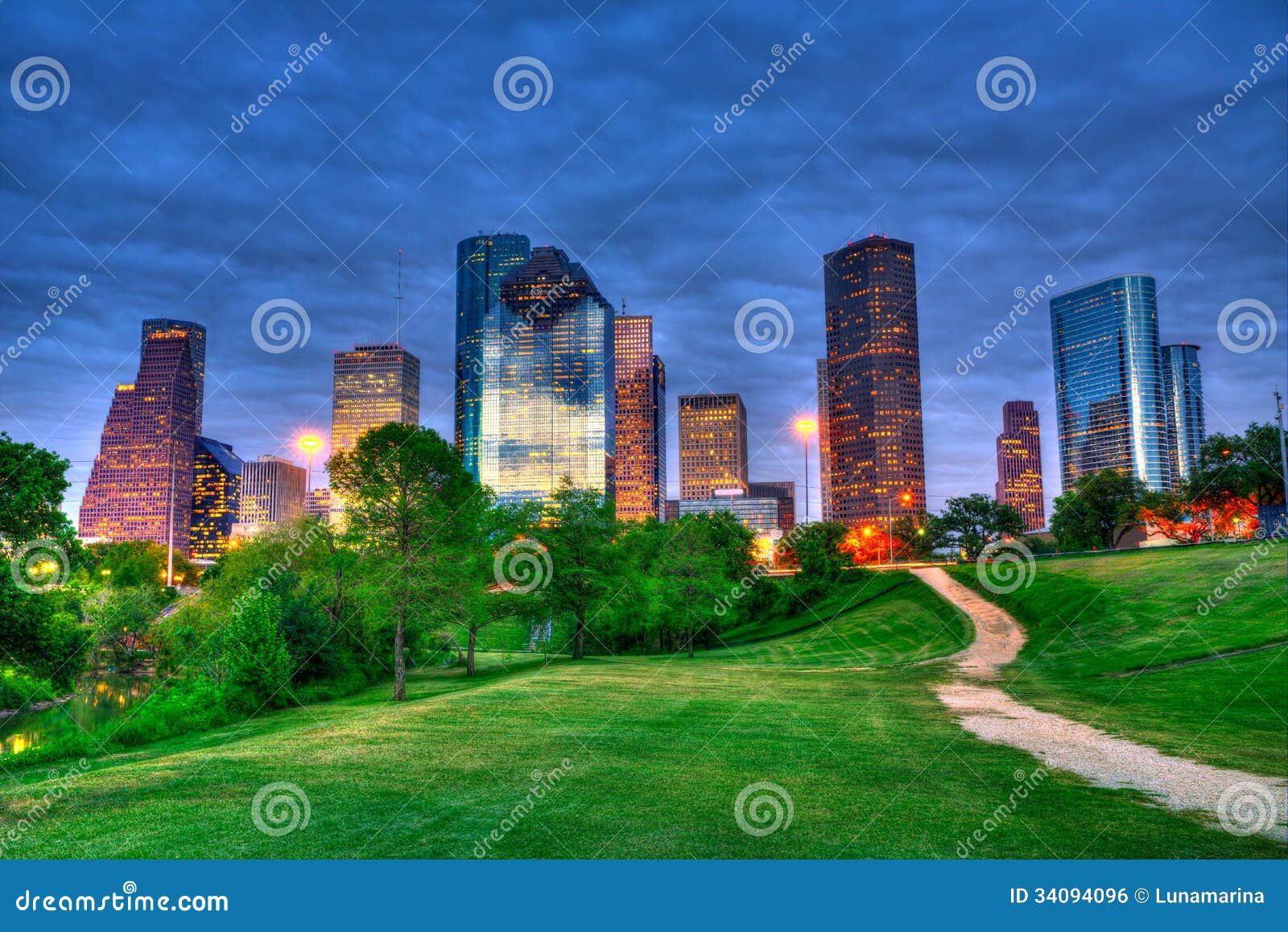 Houston Texas Modern Skyline at Sunset Twilight from Park Stock Photo