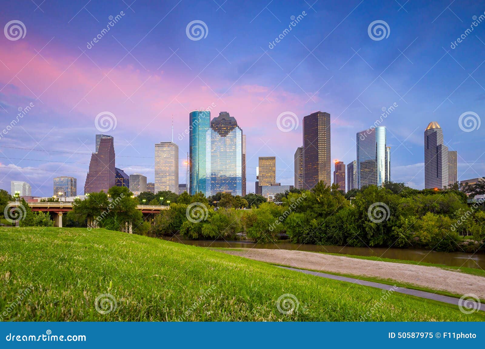 Houston Texas Skyline at Sunset Twilight from Park Lawn Stock Image