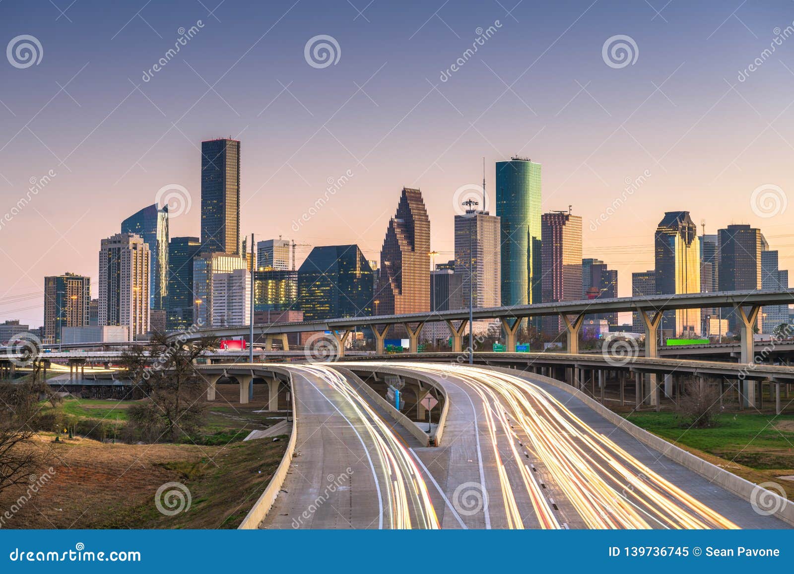 houston, texas, usa downtown city skyline and highway
