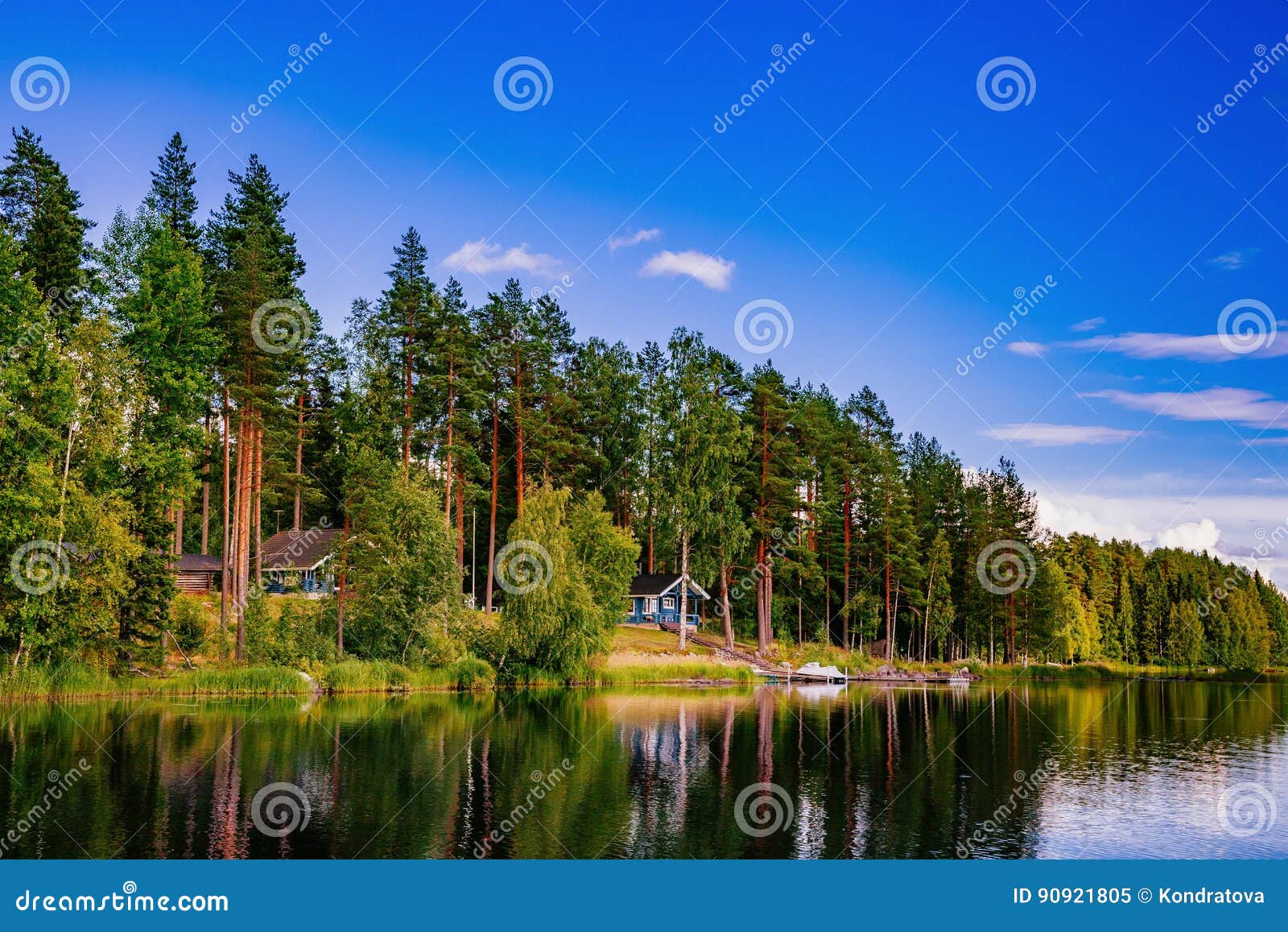 Houten Blokhuis Bij Het Meer in De Zomer in Finland Stock Afbeelding ...