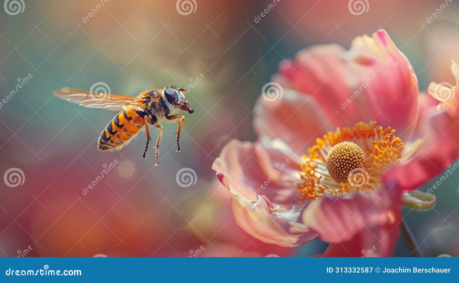 hoverfly in midflight with vibrant flower, macro perspective, realistic textures, ultra high res