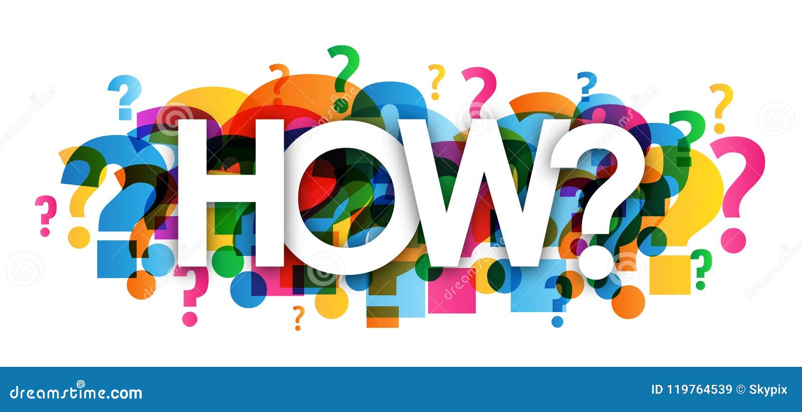 how? colorful overlapping question marks banner