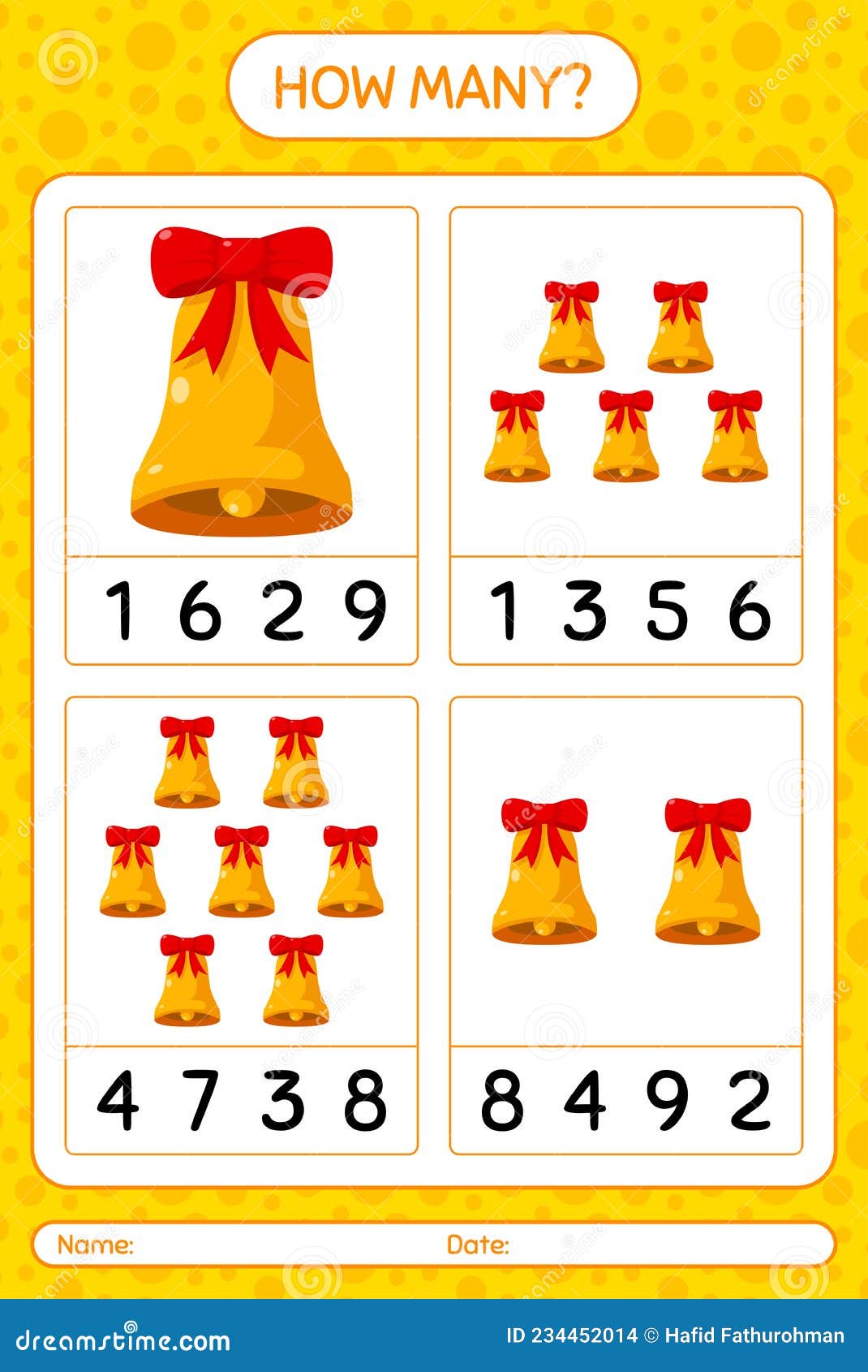 How Many Counting Game with Bell. Worksheet for Preschool Kids, Kids