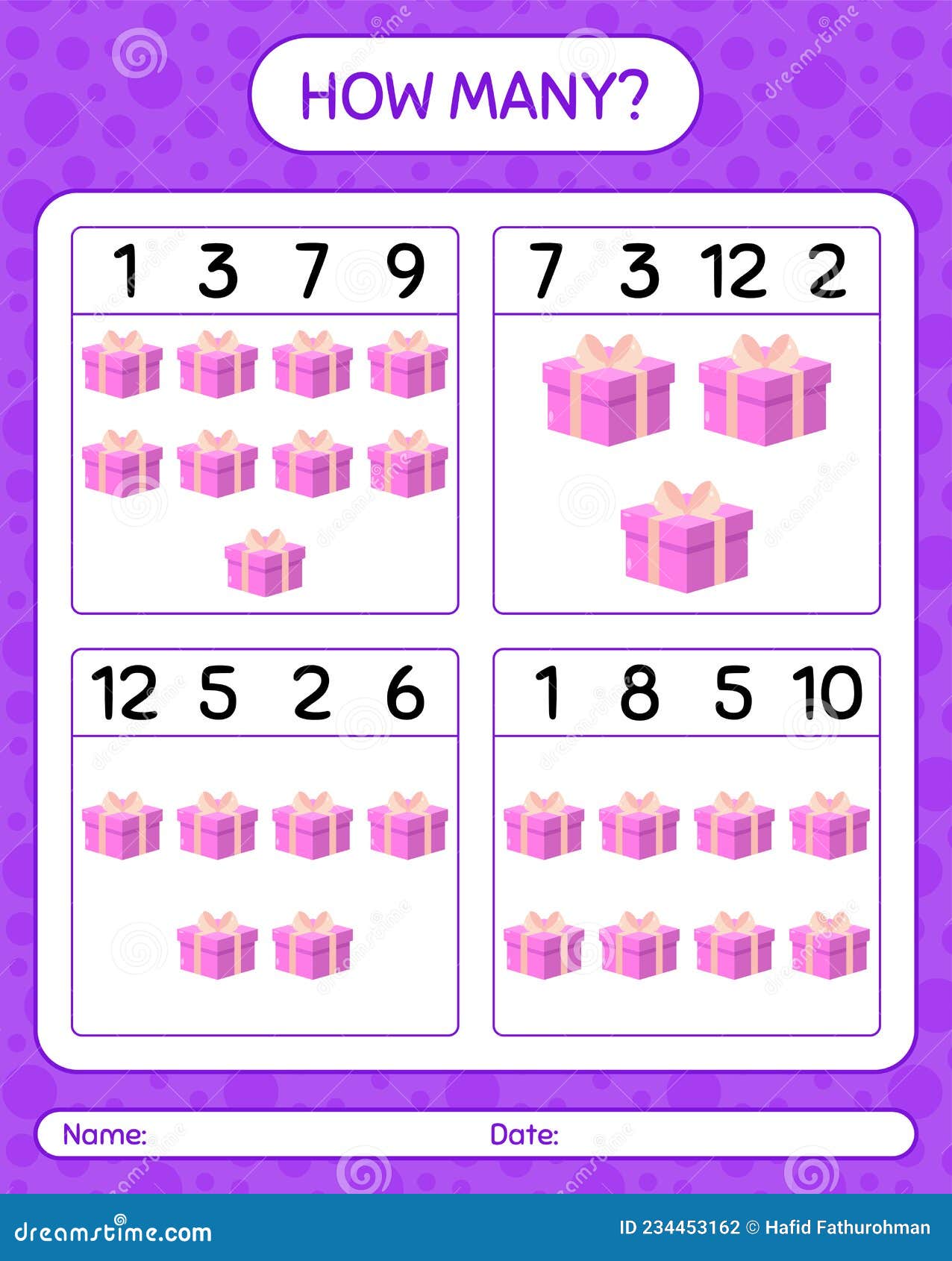 How Many Counting Game with Gift Box. Worksheet for Preschool Kids